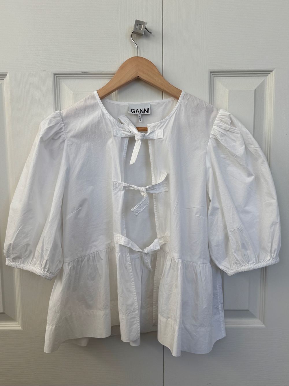 Ganni Poplin White Tie-Front Cotton Blouse Top